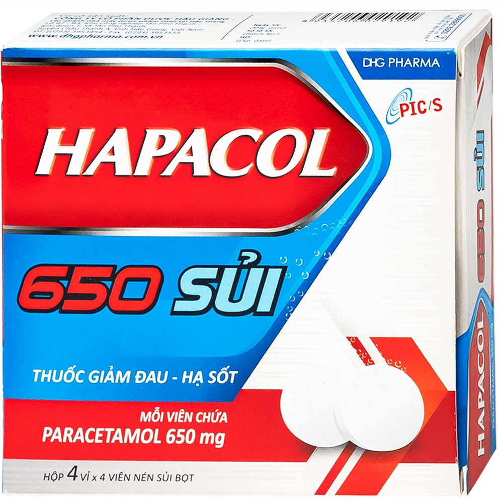 Hình ảnh Viên sủi Hapacol 650 DHG điều trị các cơn đau có cường độ nhẹ đến trung bình và sốt (4 vỉ x 4 viên)