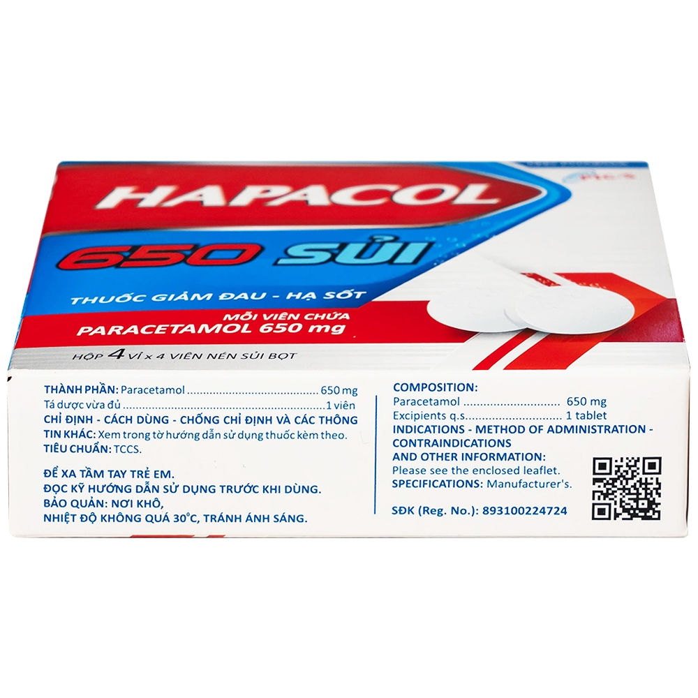Hình ảnh Viên sủi Hapacol 650 DHG điều trị các cơn đau có cường độ nhẹ đến trung bình và sốt (4 vỉ x 4 viên)