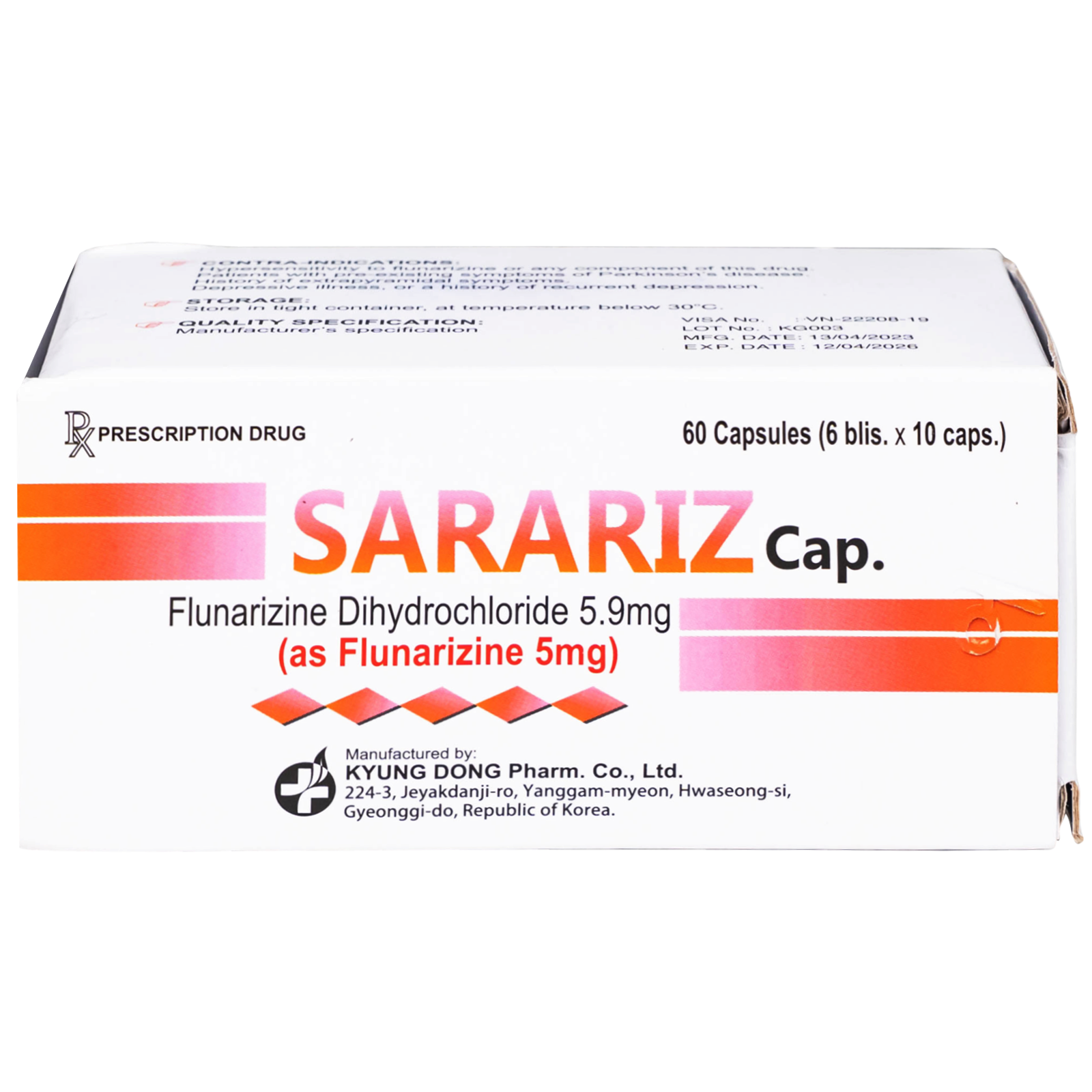 Hình ảnh Thuốc Sarariz 5.9mg Kyung Dong điều trị đau nửa đầu, chứng chóng mặt (60 viên)
