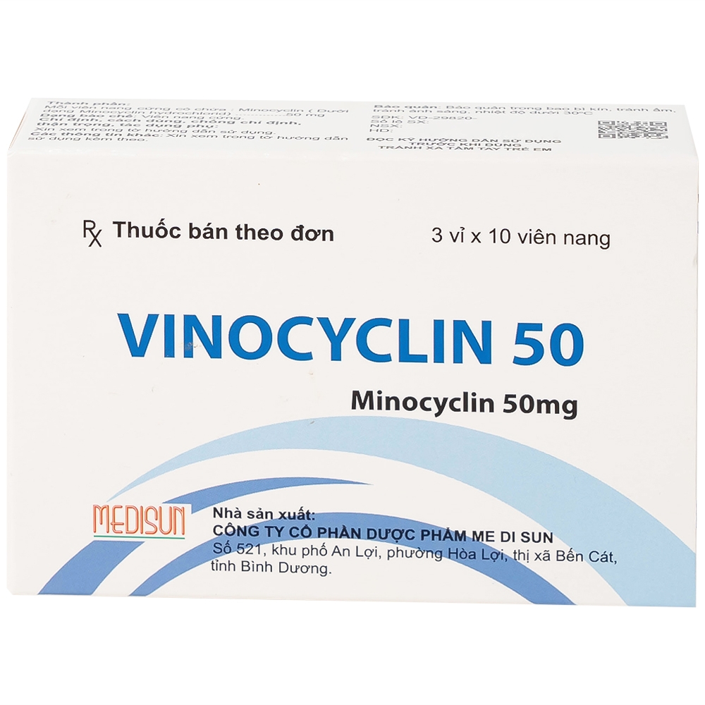 Hình ảnh Thuốc Vinocyclin 50 Medisun điều trị mụn trứng cá, nhiễm trùng đường hô hấp (3 vỉ x 10 viên)