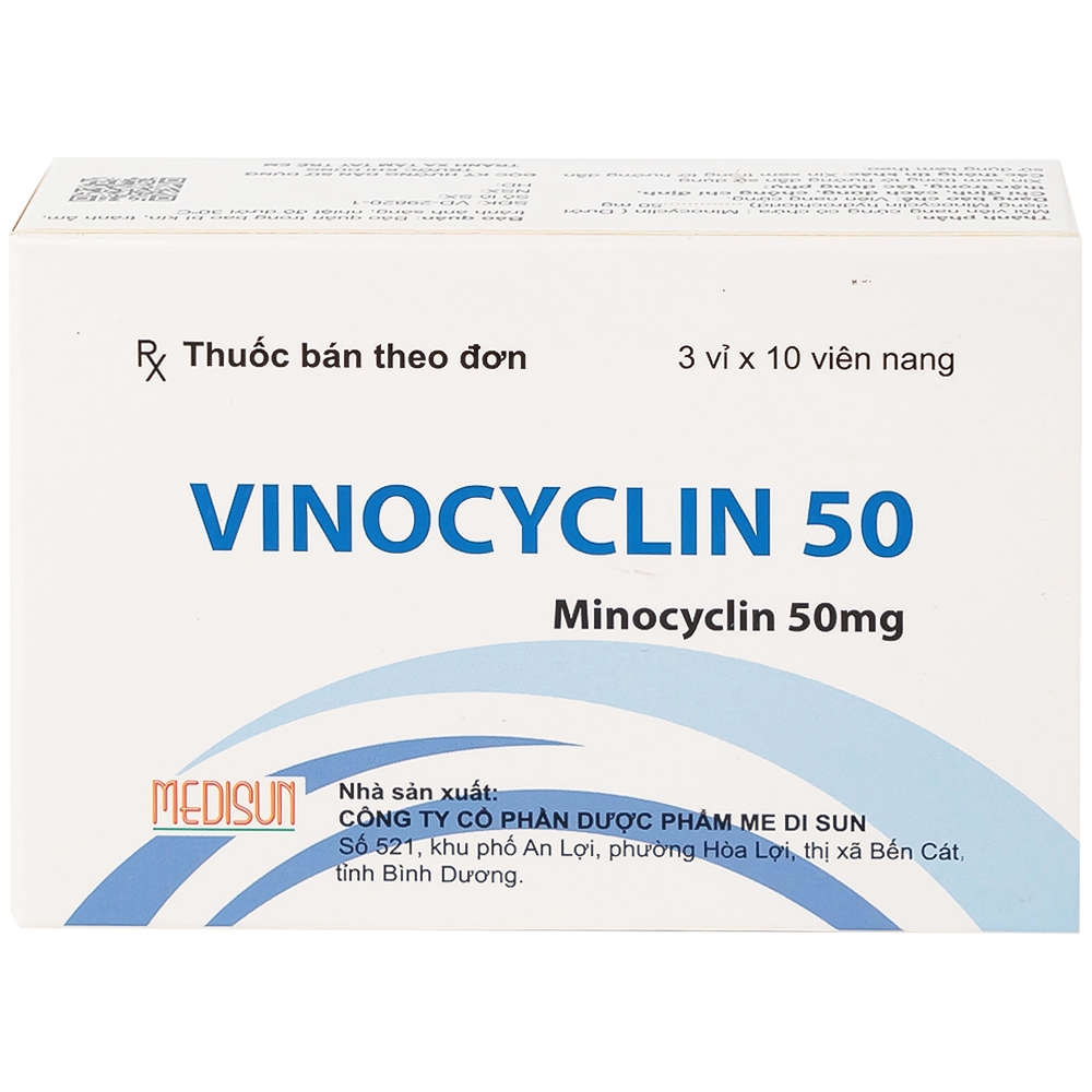 Hình ảnh Thuốc Vinocyclin 50 Medisun điều trị mụn trứng cá, nhiễm trùng đường hô hấp (3 vỉ x 10 viên)