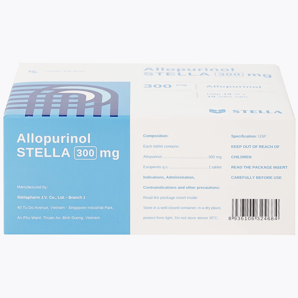 Hình ảnh Thuốc Allopurinol 300mg Stella Pharm giảm sự hình thành acid uric, điều trị bệnh gout (10 vỉ x 10 viên)
