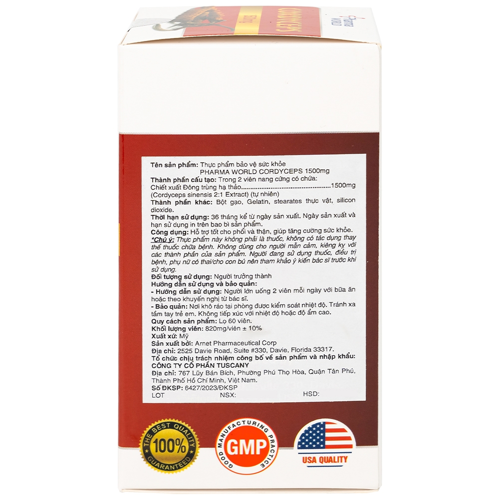 Hình ảnh Viên uống Đông Trùng Hạ Thảo Pharma World Cordyceps 1500mg hỗ trợ tốt cho phổi và thận (60 viên)