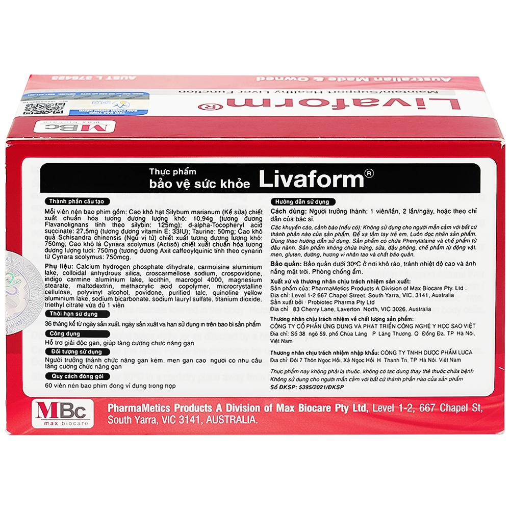 Hình ảnh Viên uống Livaform Luca Pharma MPC hỗ trợ giải độc gan, giúp tăng cường chức năng gan (6 vỉ x 10 viên)