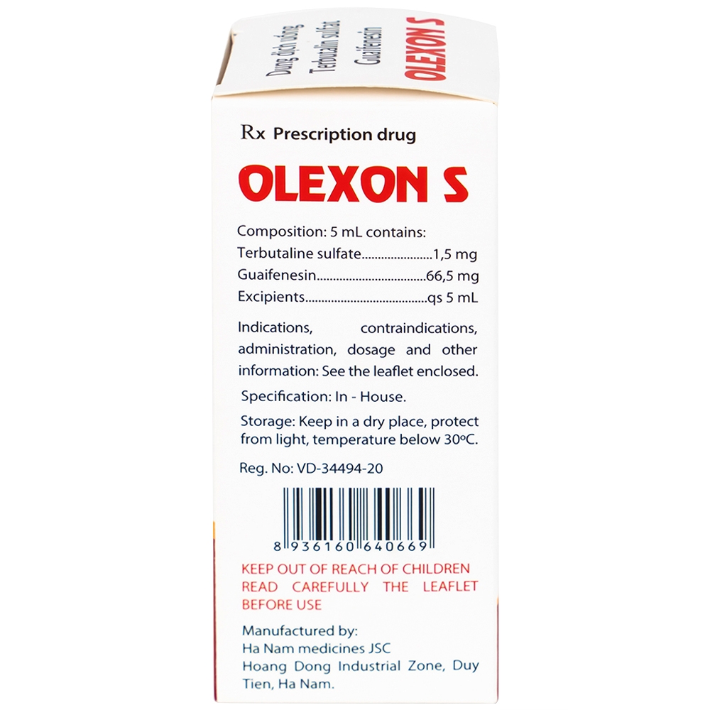 Hình ảnh Dung dịch uống Terbutalin sulfat Guaifenesin OLEXON S Hà Nam điều trị ho có đờm, ho do hen phế quản (90ml)