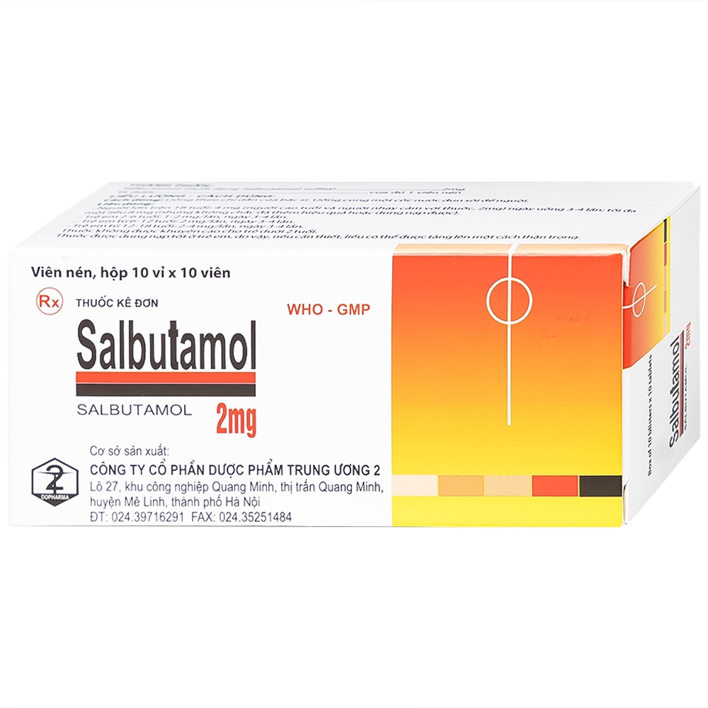 Hình ảnh Thuốc Salbutamol 2mg Dopharma giúp giảm co thắt phế quản trong hen, viêm phế quản mãn tính (10 vỉ x 10 viên)