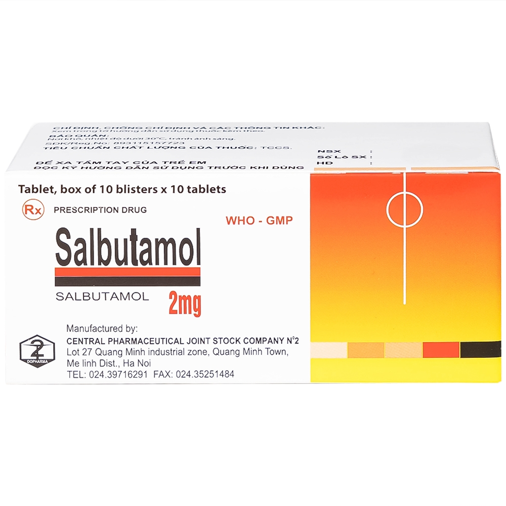 Hình ảnh Thuốc Salbutamol 2mg Dopharma giúp giảm co thắt phế quản trong hen, viêm phế quản mãn tính (10 vỉ x 10 viên)