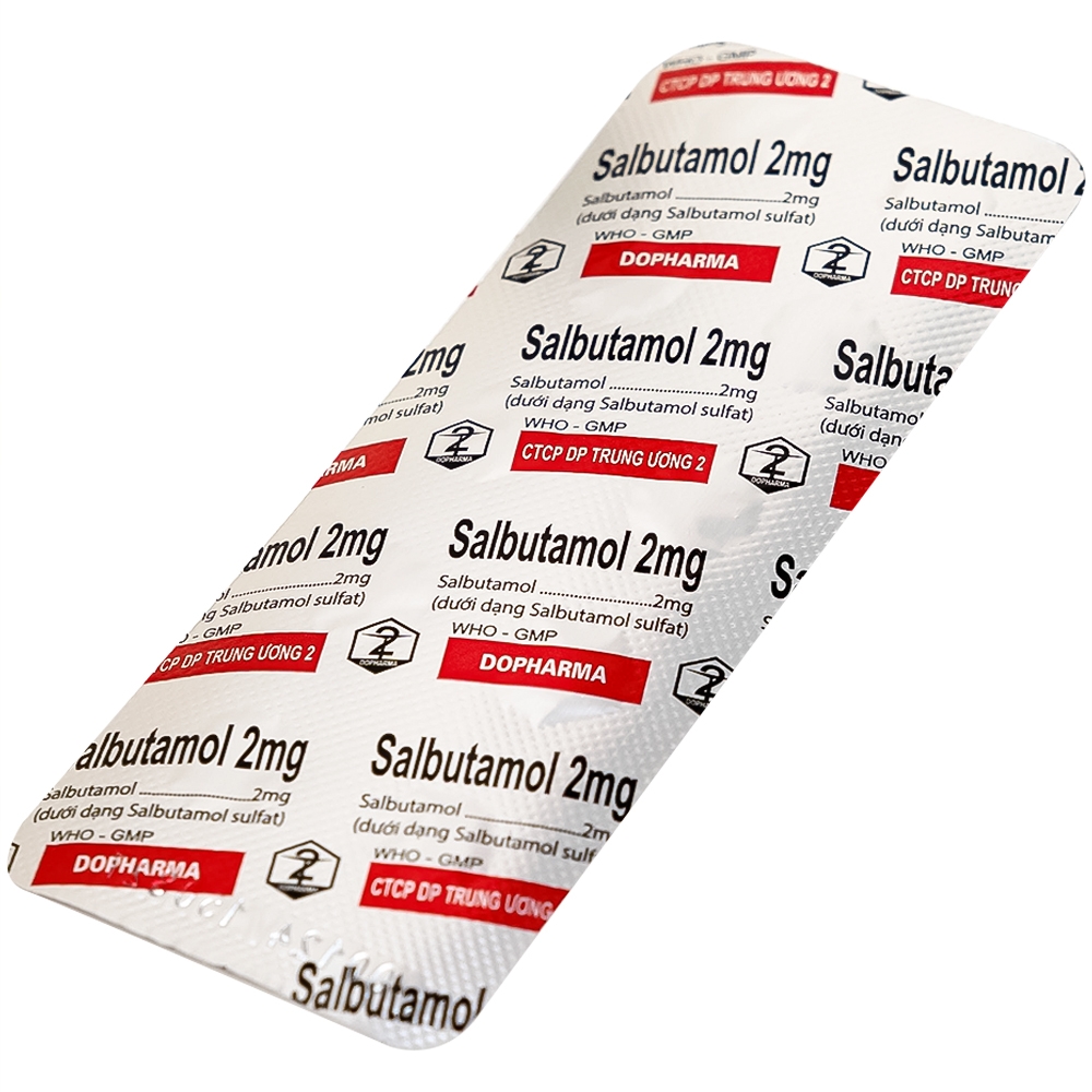 Hình ảnh Thuốc Salbutamol 2mg Dopharma giúp giảm co thắt phế quản trong hen, viêm phế quản mãn tính (10 vỉ x 10 viên)