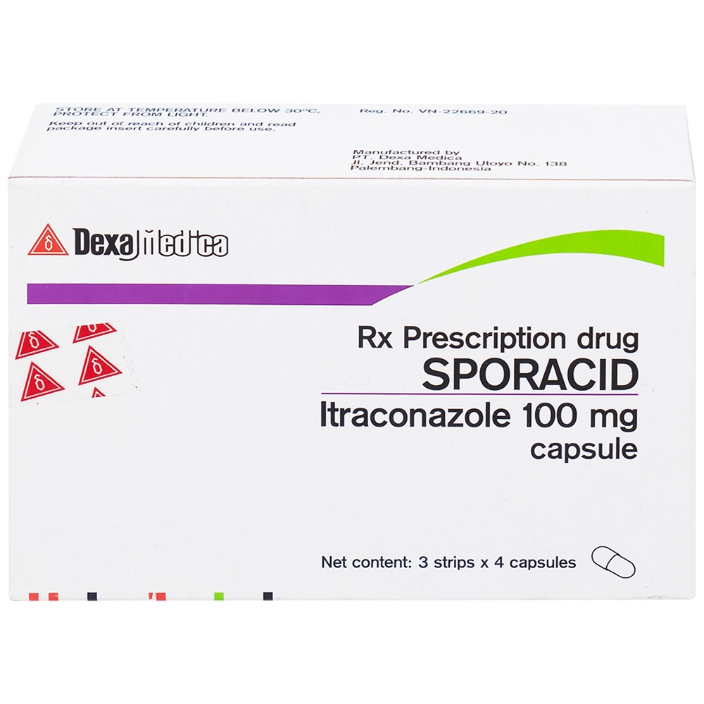 Hình ảnh Thuốc Sporacid Itraconazole 100mg Dexa điều trị nấm candida âm hộ, âm đạo (3 vỉ x 4 viên)