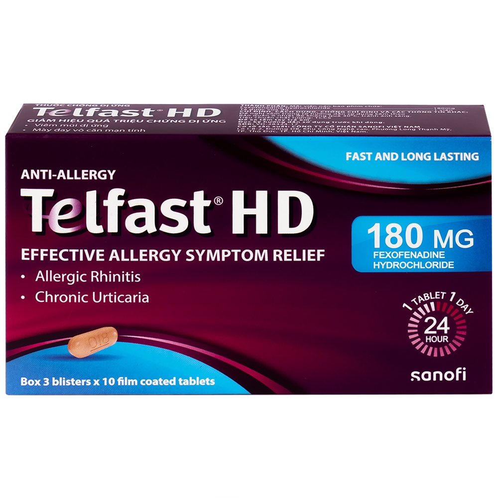 Hình ảnh Thuốc chống dị ứng Telfast HD 180mg Sanofi giảm triệu chứng viêm mũi dị ứng, mày đay vô căn mạn tính (3 vỉ x 10 viên)