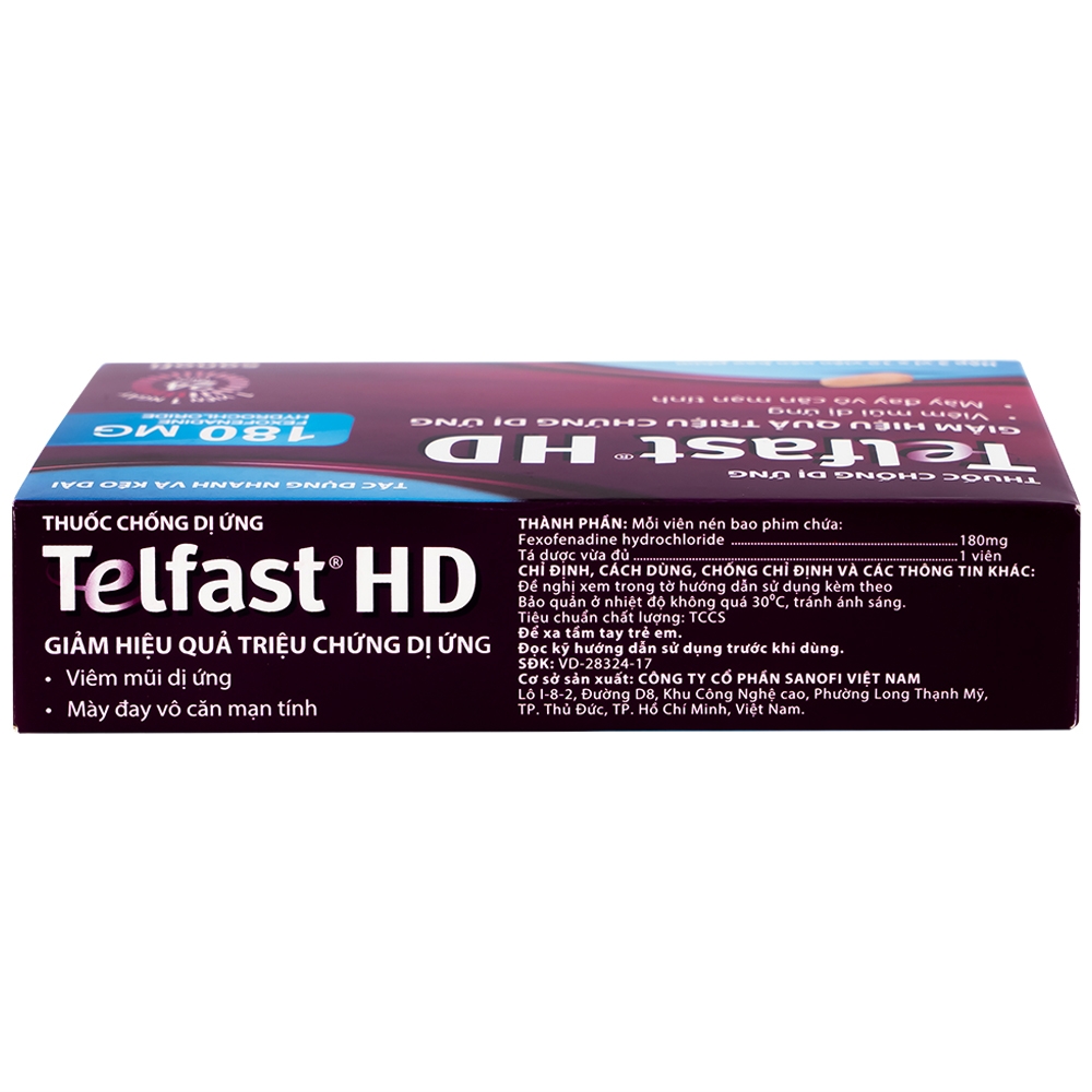 Hình ảnh Thuốc chống dị ứng Telfast HD 180mg Sanofi giảm triệu chứng viêm mũi dị ứng, mày đay vô căn mạn tính (3 vỉ x 10 viên)