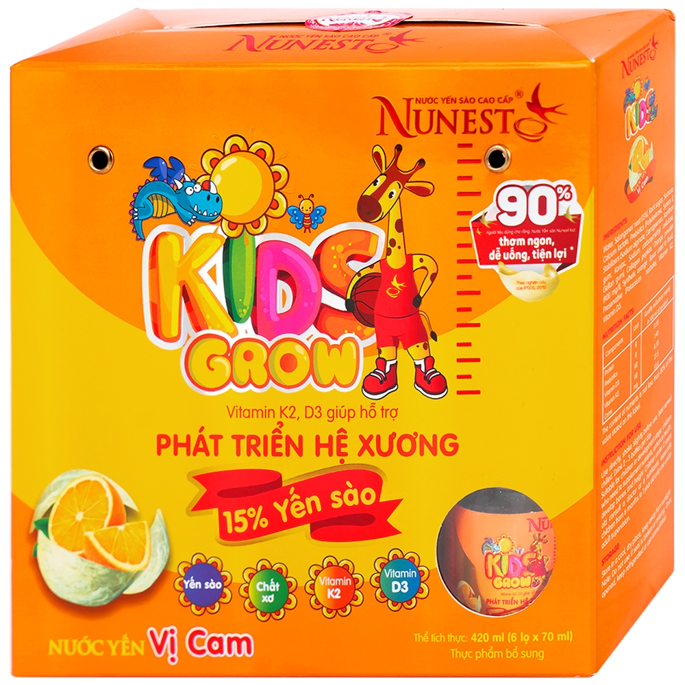 Hình ảnh Nước yến sào cao cấp Nunest Kid Grow vị cam hỗ trợ phát triển hệ xương, tăng cường sức khỏe (6 lọ x 70ml)