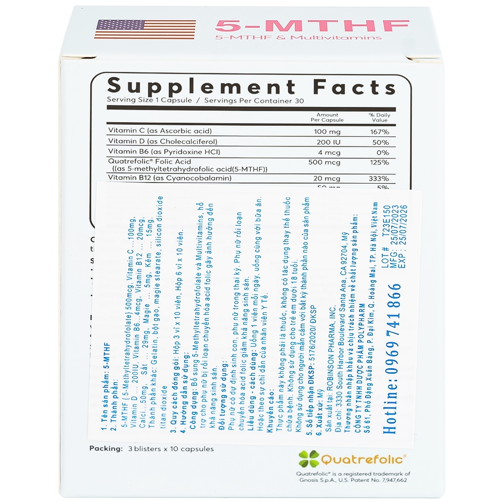 Hình ảnh Viên uống 5-MTHF Robinson Pharma hỗ trợ cho phụ nữ bị rối loạn chuyển hóa acid folic (3 vỉ x 10 viên)