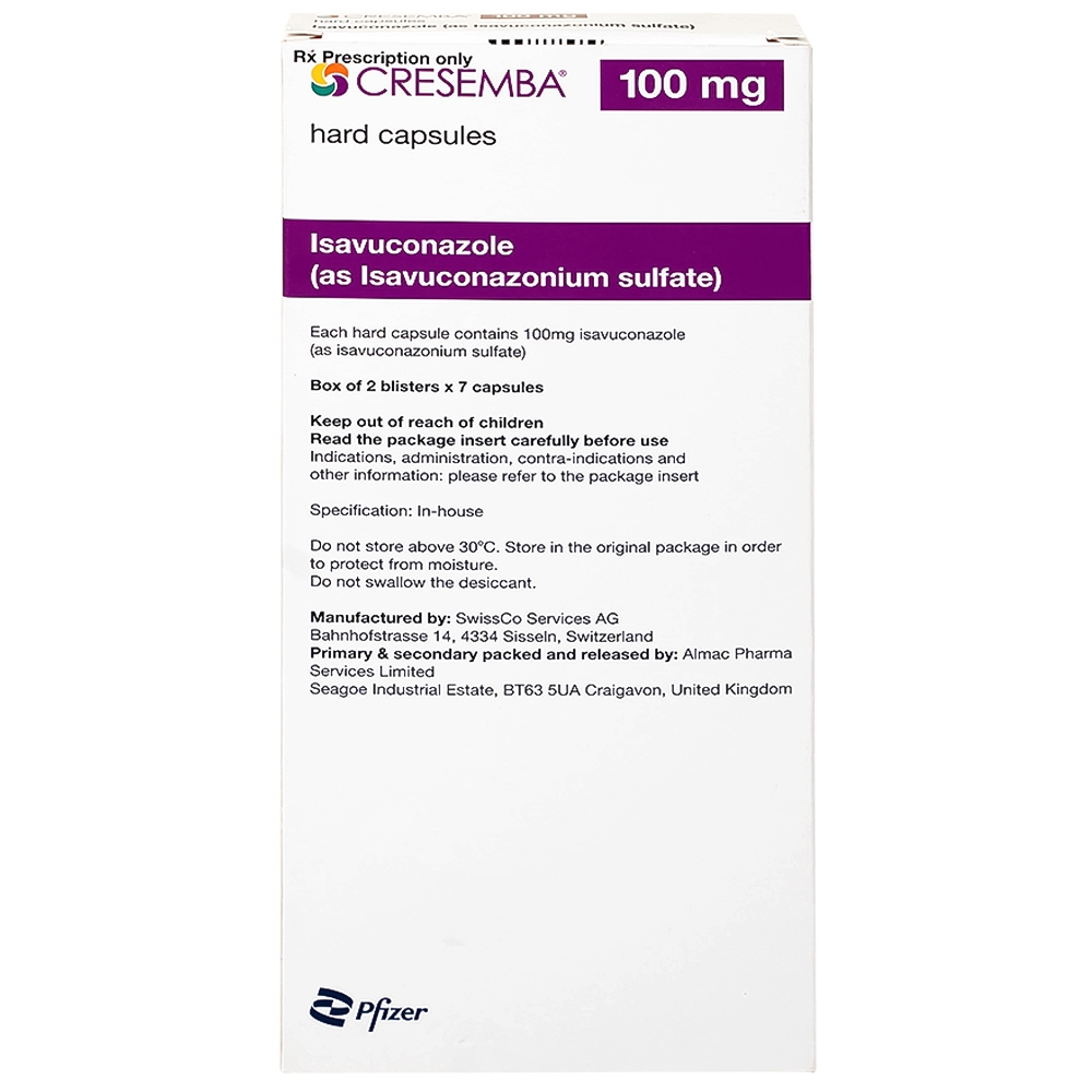 Hình ảnh Thuốc Cresemba 100mg Pfizer điều trị nhiễm nấm Aspergillus xâm lấn và nhiễm nấm Mucorales (2 vỉ x 7 viên)