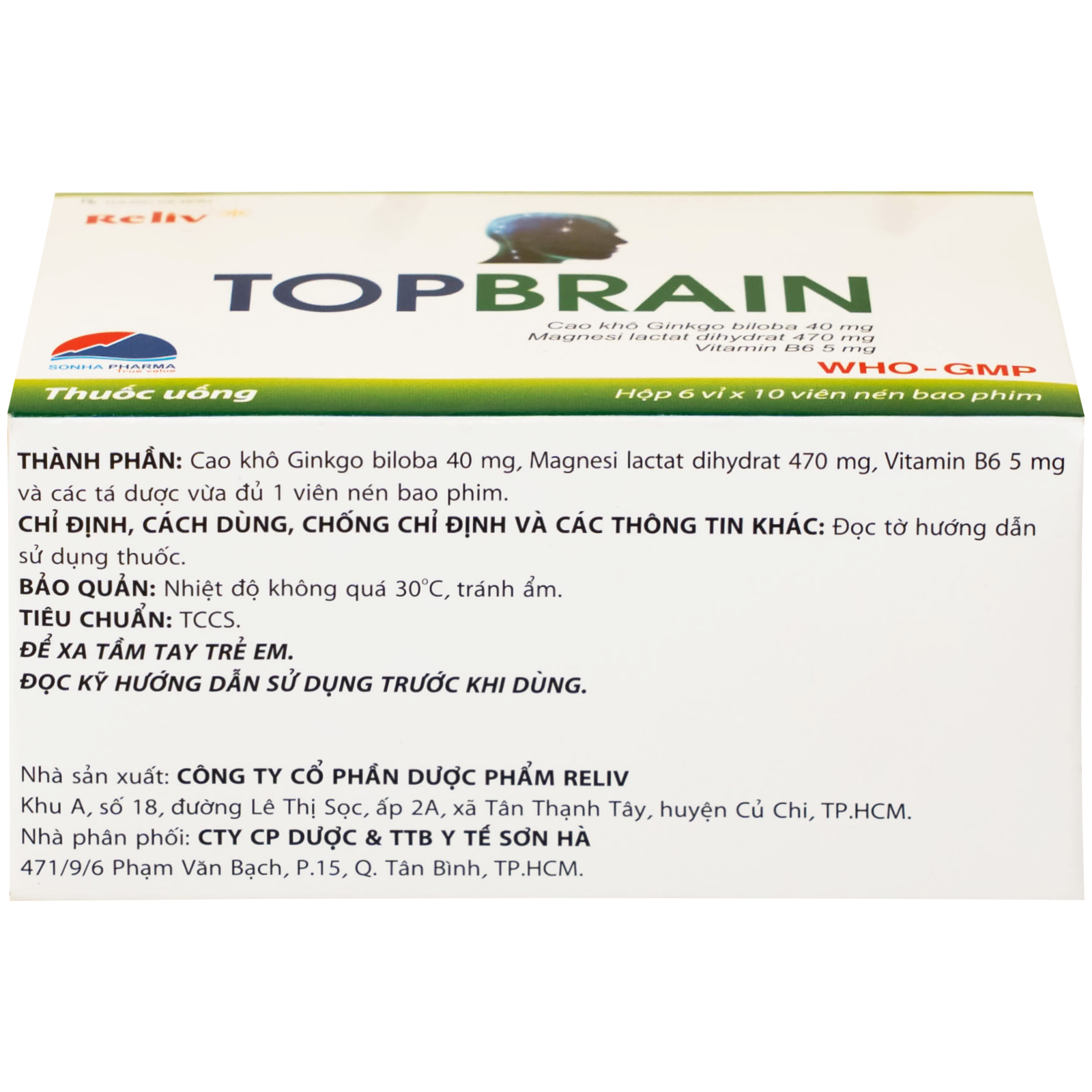Hình ảnh Thuốc Topbrain Reliv điều trị suy nhược thần kinh, giúp tăng tuần hoàn não, tăng cường trí nhớ (6 vỉ x 10 viên)