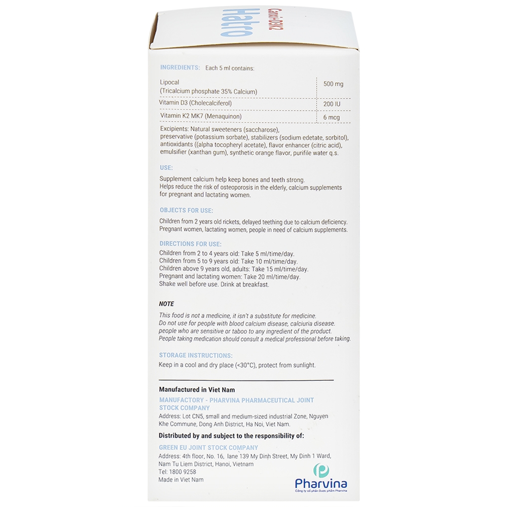 Hình ảnh Siro Canxi + D3K2 Hatro bổ sung canxi giúp xương, răng chắc khỏe (120ml)