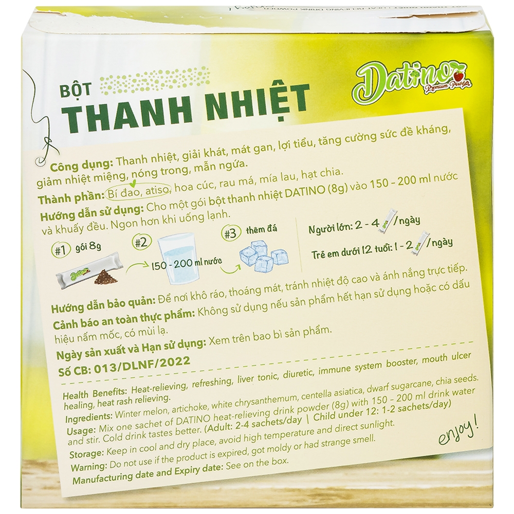 Hình ảnh Bột Thanh Nhiệt Datino mát gan, lợi tiểu, tăng cường sức đề kháng, giảm nhiệt miệng (10 gói)