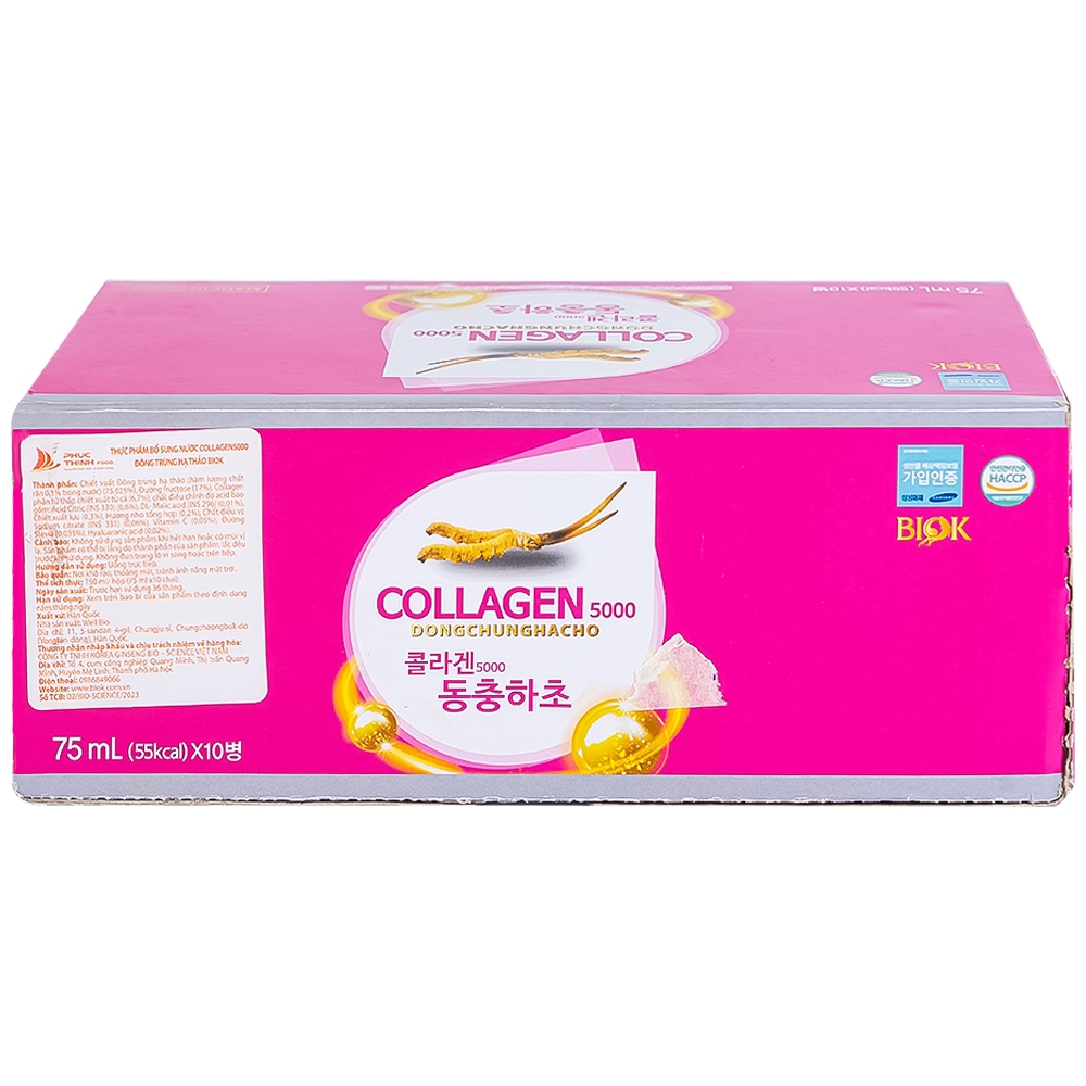 Hình ảnh Nước Collagen5000 Đông Trùng Hạ Thảo Biok hỗ trợ ngăn ngừa quá trình lão hóa, tăng cường đề kháng (10 chai x 75ml)