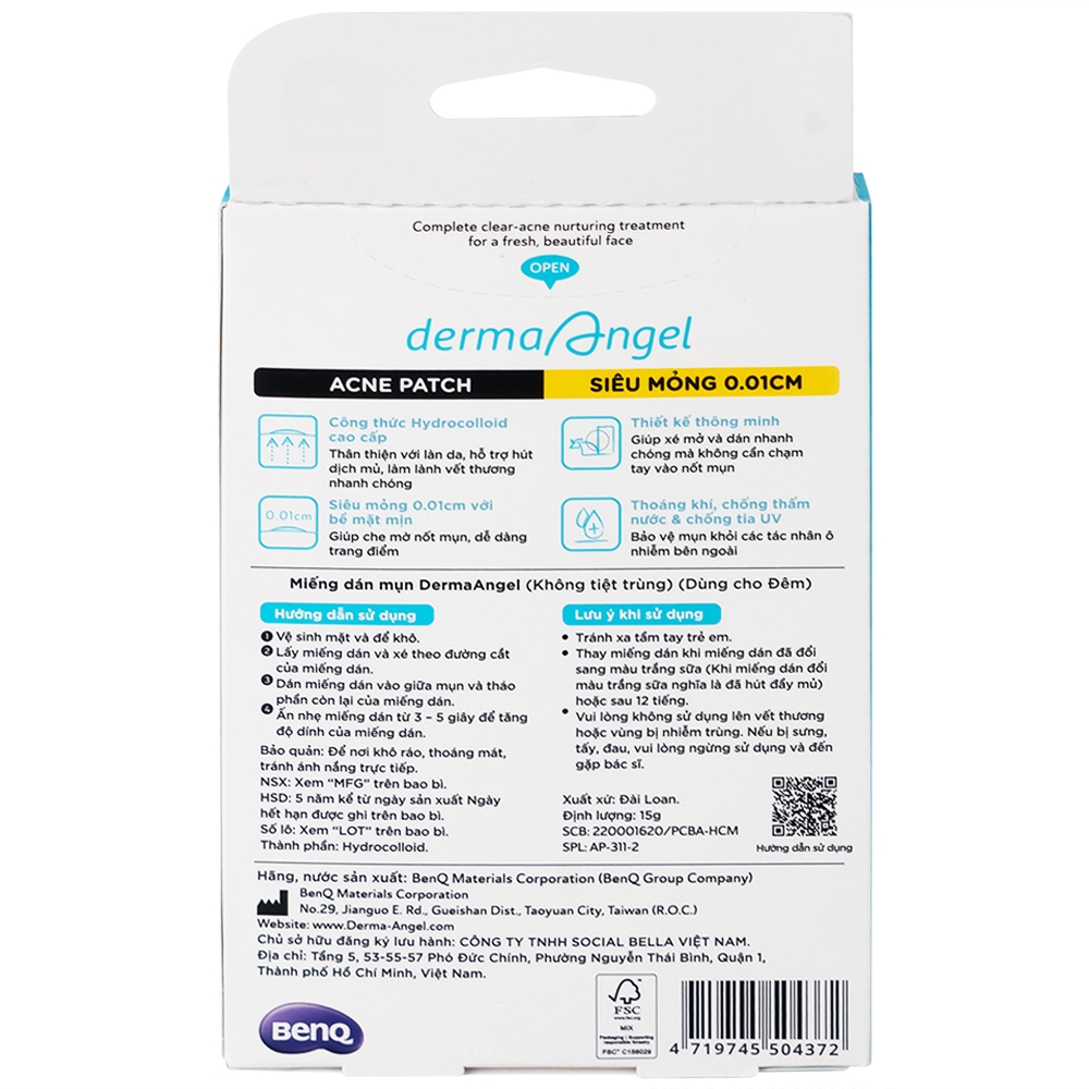 Hình ảnh Miếng dán mụn ban đêm DermaAngel hút mụn, làm lành vết thương sau mụn (12 miếng x 15g)