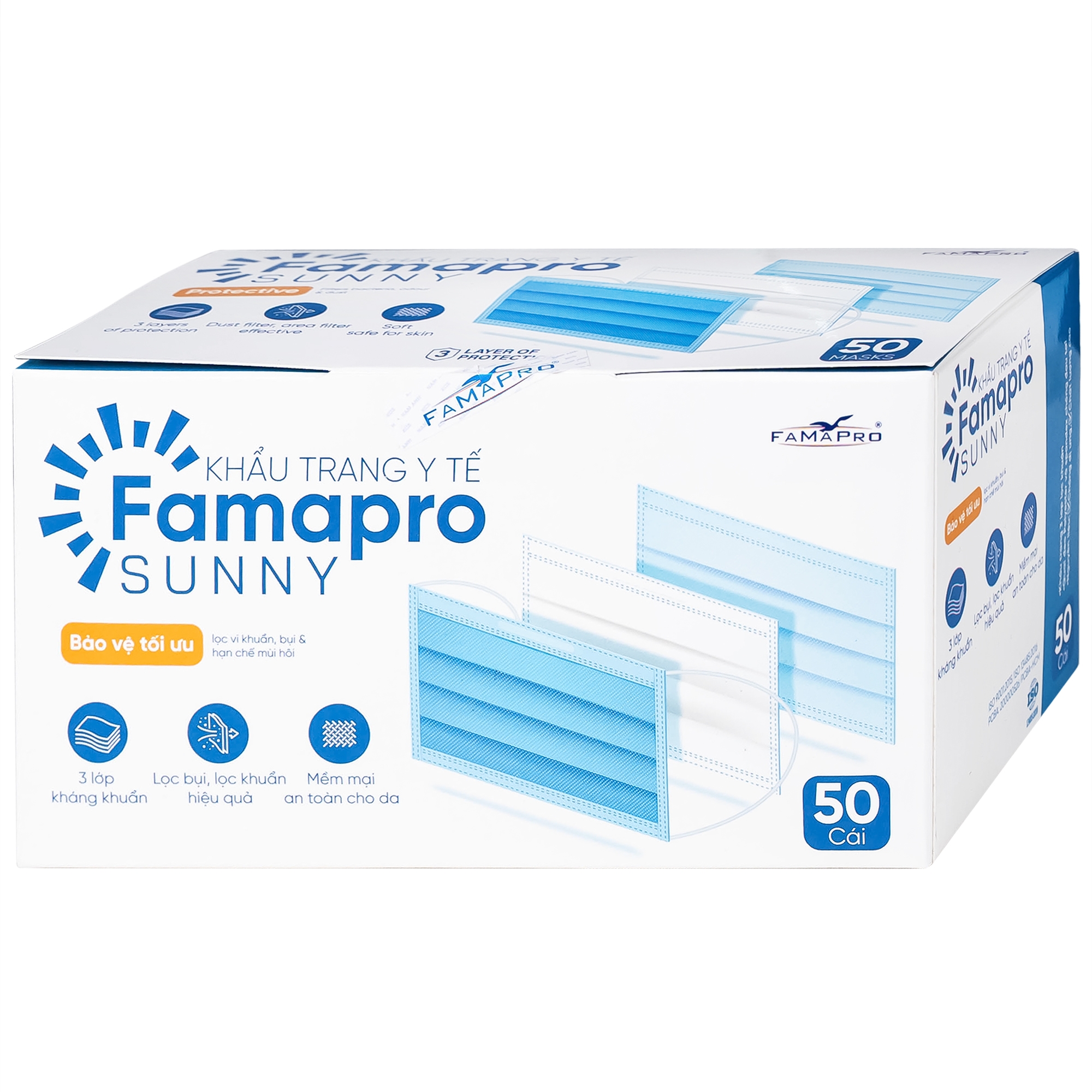 Hình ảnh Khẩu trang 3 lớp Famapro màu xanh (50 cái) Nam Anh ngăn khói bụi, vi khuẩn