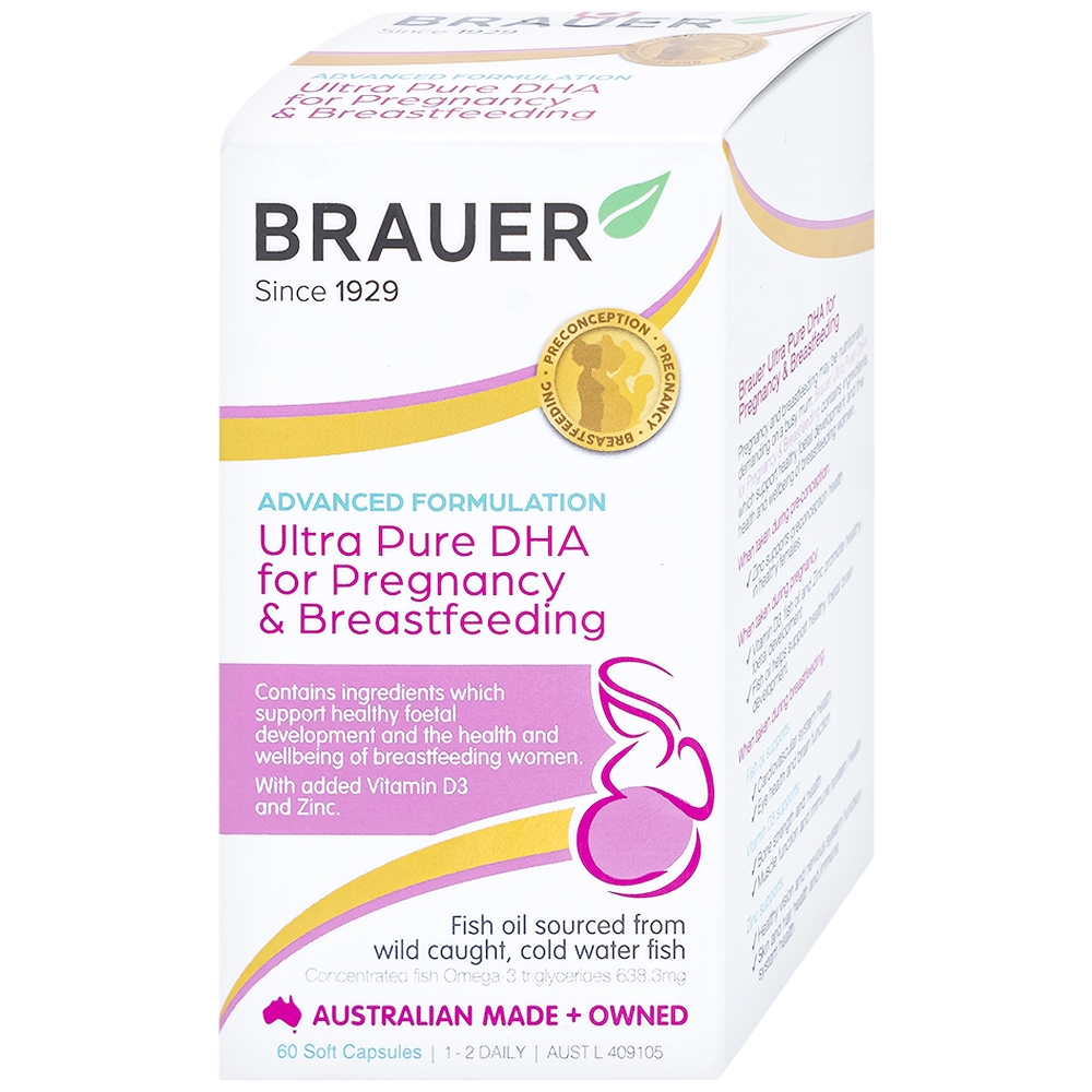 Hình ảnh Viên uống hỗ trợ phụ nữ mang thai và phụ nữ cho con bú Brauer Ultra Pure Dha For Pregnancy & Breastfeeding (60 viên)