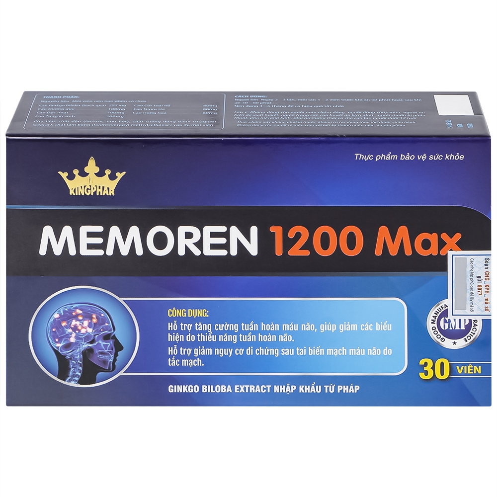 Hình ảnh Viên uống hỗ trợ tăng cường tuần hoàn máu não Memoren 1200 Max Kingphar (Hộp 30 viên)