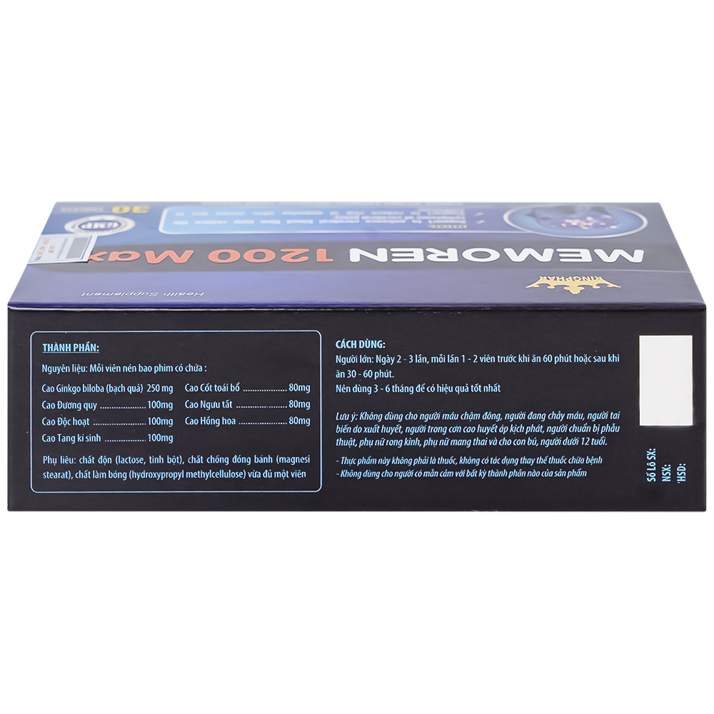 Hình ảnh Viên uống hỗ trợ tăng cường tuần hoàn máu não Memoren 1200 Max Kingphar (Hộp 30 viên)