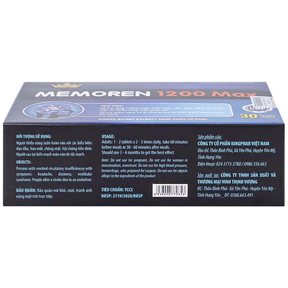 Hình ảnh Viên uống hỗ trợ tăng cường tuần hoàn máu não Memoren 1200 Max Kingphar (Hộp 30 viên)
