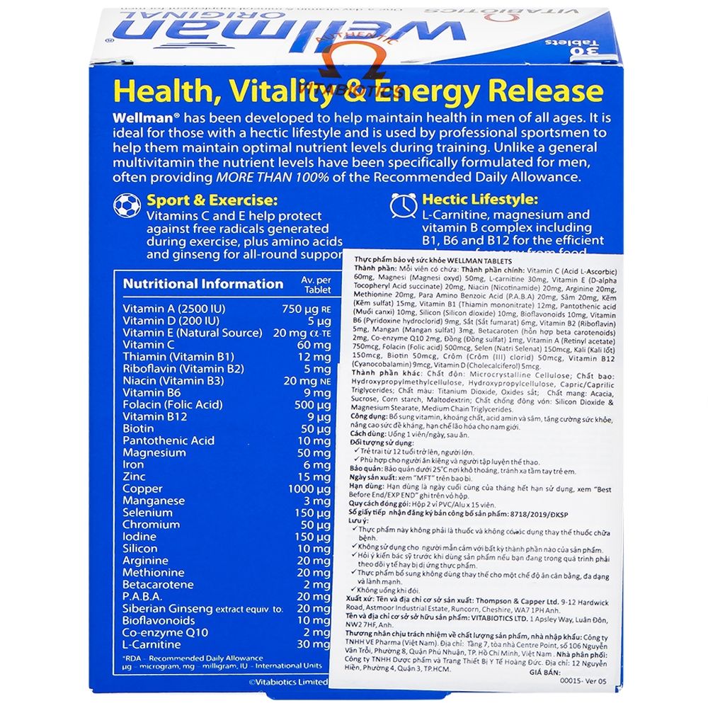 Hình ảnh Viên uống Wellman Original Vitabiotics bổ sung vitamin, khoáng chất, hỗ trợ tăng cường sức khỏe cho nam giới (2 vỉ x 15 viên)