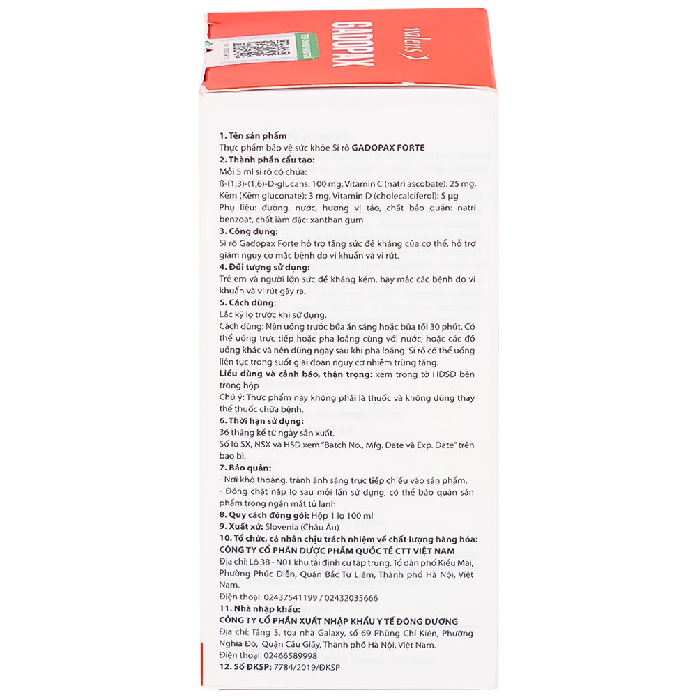 Hình ảnh Siro Gadopax Forte hỗ trợ tăng sức đề kháng của cơ thể (100ml)