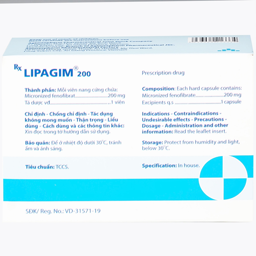 Hình ảnh Thuốc Lipagim 200 Agimexpharm bổ sung cho chế độ ăn uống, điều trị tăng triglycerid máu (3 vỉ x 10 viên)