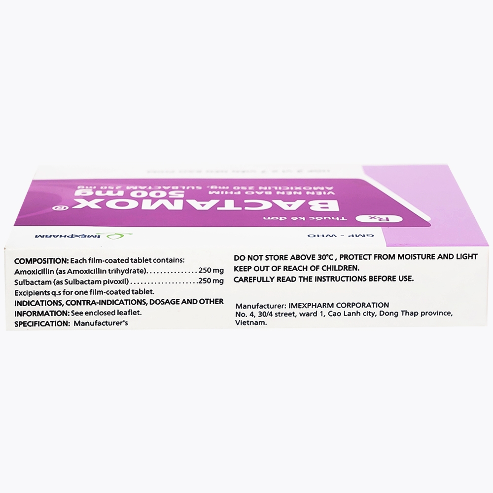 Hình ảnh Thuốc Bactamox 500mg Imexpharm điều trị nhiễm khuẩn đường hô hấp dưới, viêm tai giữa (2 vỉ x 7 viên)