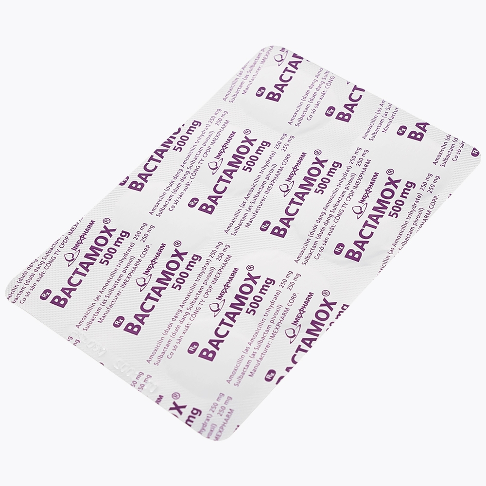 Hình ảnh Thuốc Bactamox 500mg Imexpharm điều trị nhiễm khuẩn đường hô hấp dưới, viêm tai giữa (2 vỉ x 7 viên)