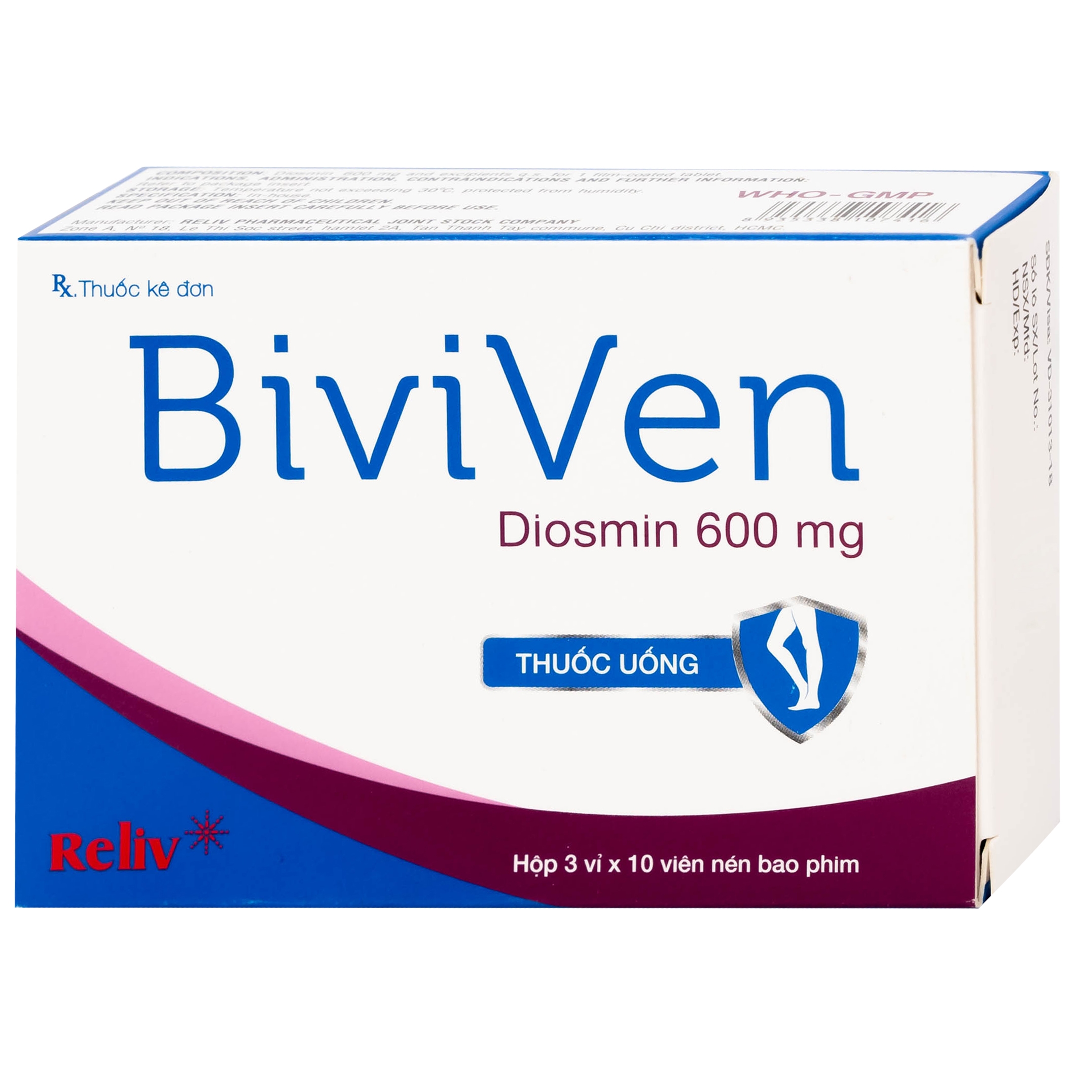 Hình ảnh Thuốc BiviVen 600mg Reliv hỗ trợ cải thiện triệu chứng suy tuần hoàn tĩnh mạch bạch huyết (3 vỉ x 10 viên)