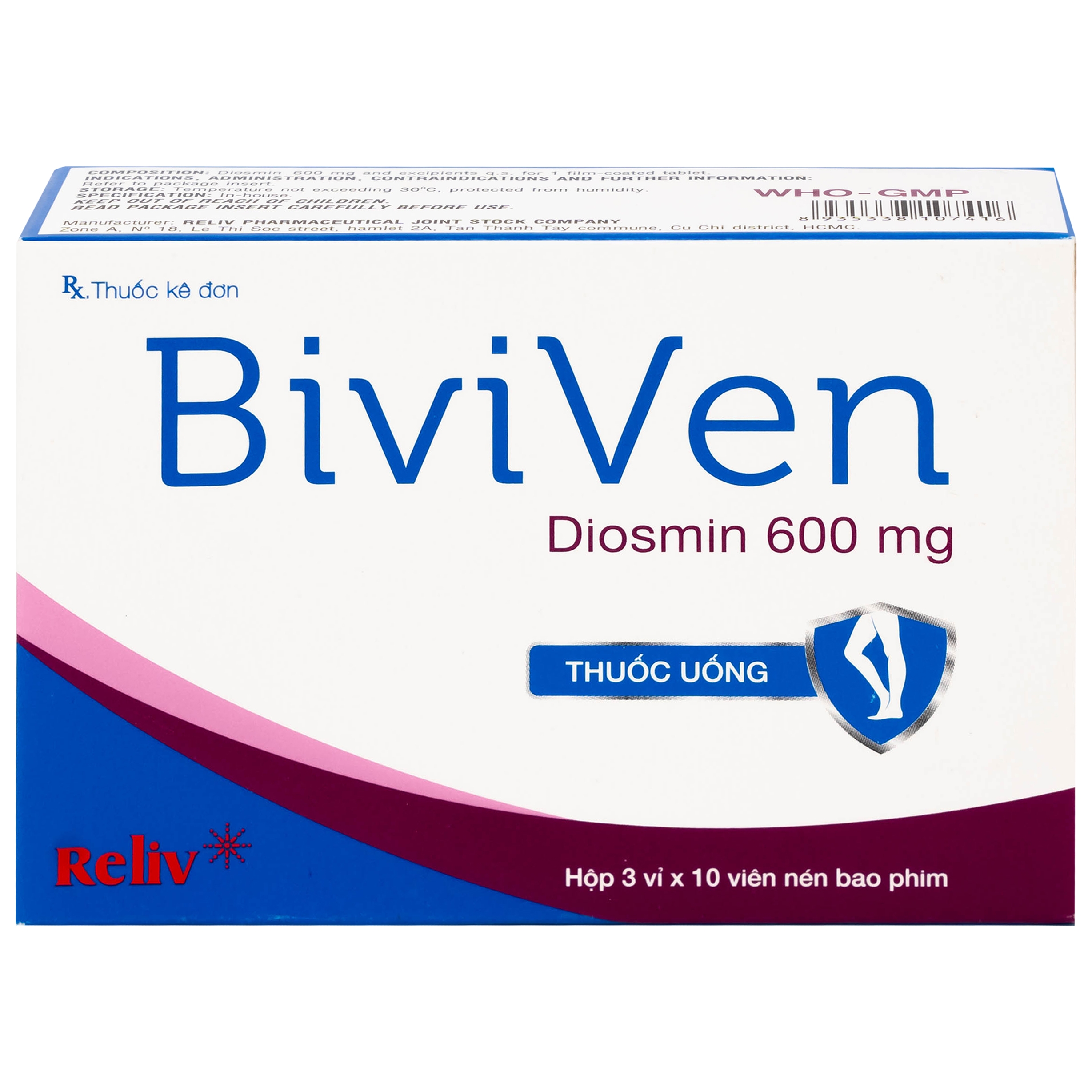 Hình ảnh Thuốc BiviVen 600mg Reliv hỗ trợ cải thiện triệu chứng suy tuần hoàn tĩnh mạch bạch huyết (3 vỉ x 10 viên)