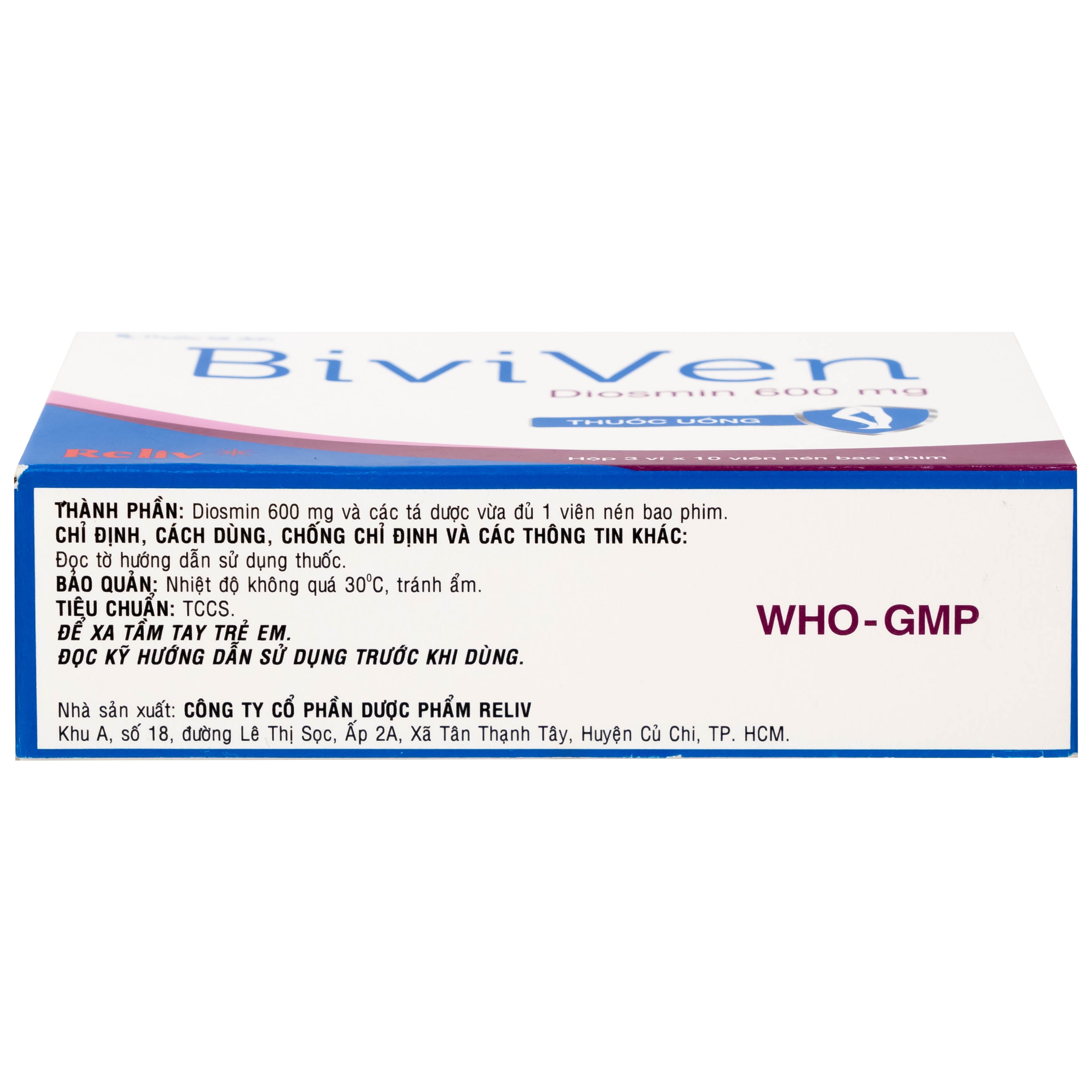 Hình ảnh Thuốc BiviVen 600mg Reliv hỗ trợ cải thiện triệu chứng suy tuần hoàn tĩnh mạch bạch huyết (3 vỉ x 10 viên)