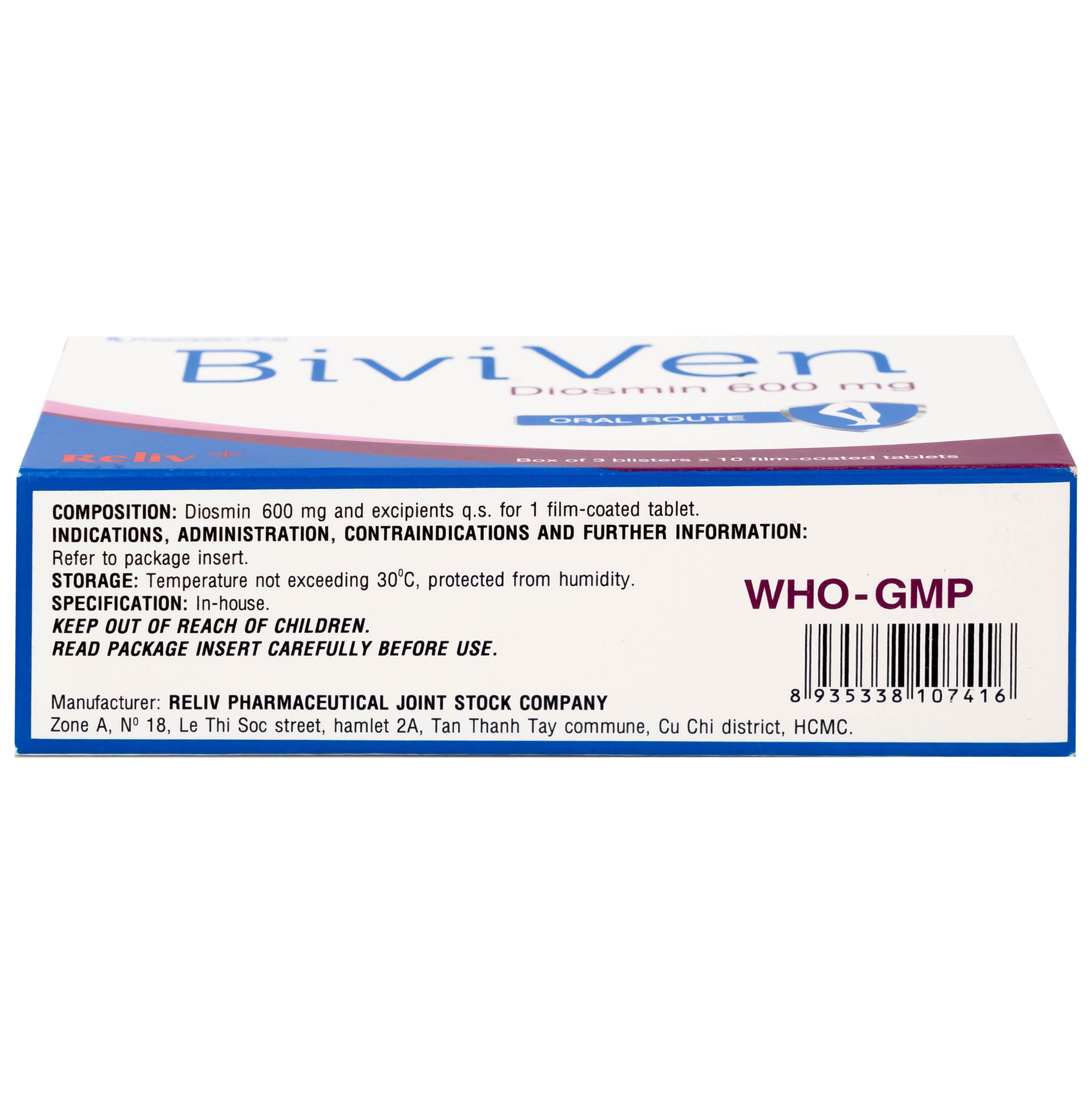 Hình ảnh Thuốc BiviVen 600mg Reliv hỗ trợ cải thiện triệu chứng suy tuần hoàn tĩnh mạch bạch huyết (3 vỉ x 10 viên)
