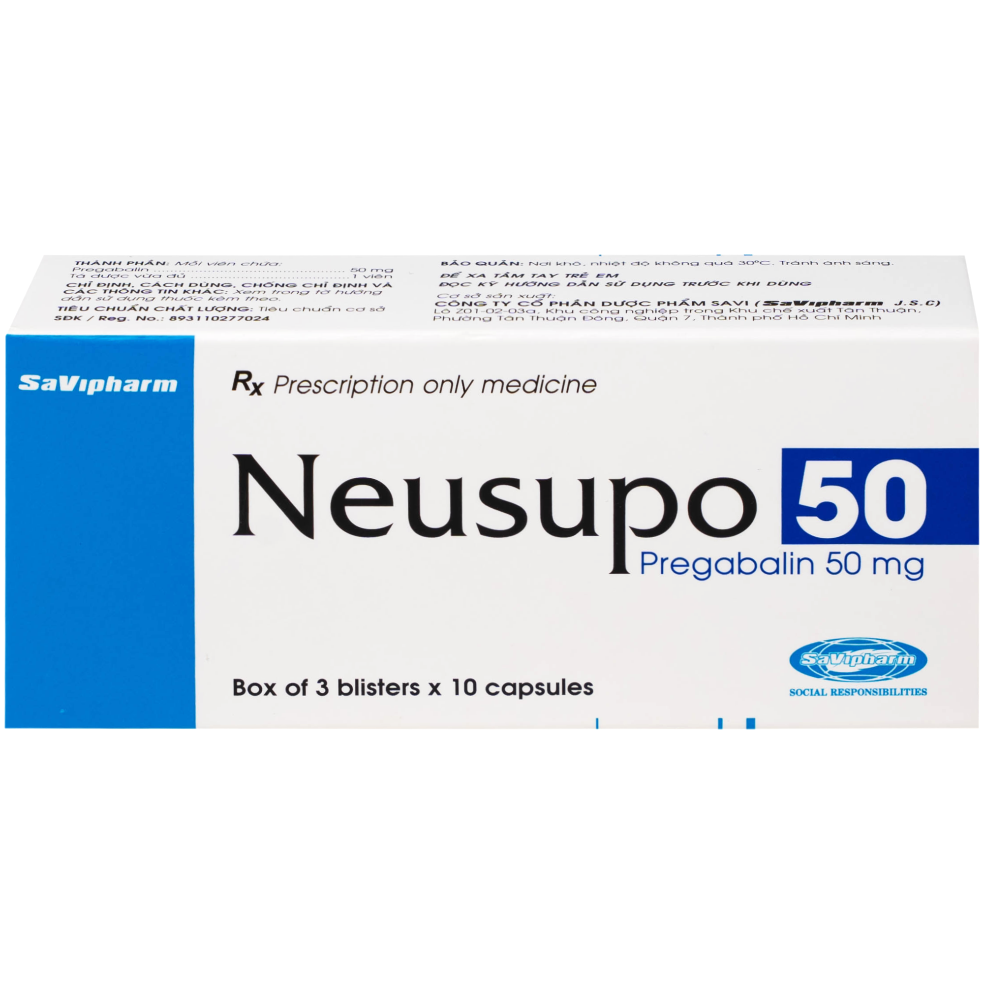 Hình ảnh Thuốc Neusupo 50mg Savipharm đau thần kinh, lo âu lan tỏa, đau cơ xơ hóa, hỗ trợ động kinh cục bộ (3 vỉ x 10 viên)