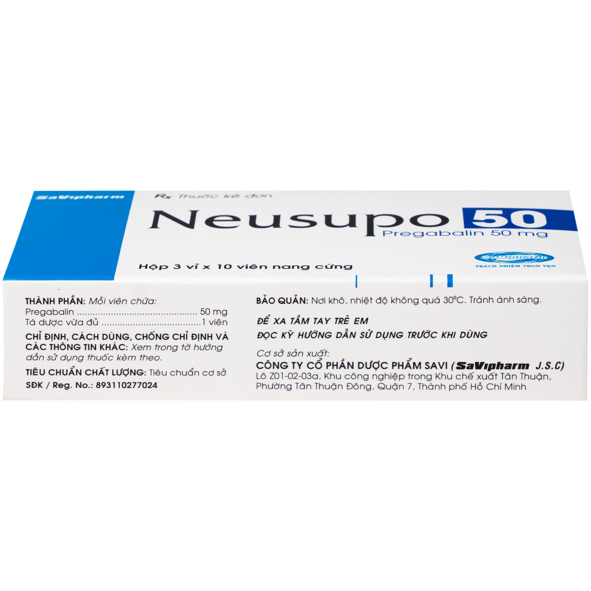 Hình ảnh Thuốc Neusupo 50mg Savipharm đau thần kinh, lo âu lan tỏa, đau cơ xơ hóa, hỗ trợ động kinh cục bộ (3 vỉ x 10 viên)