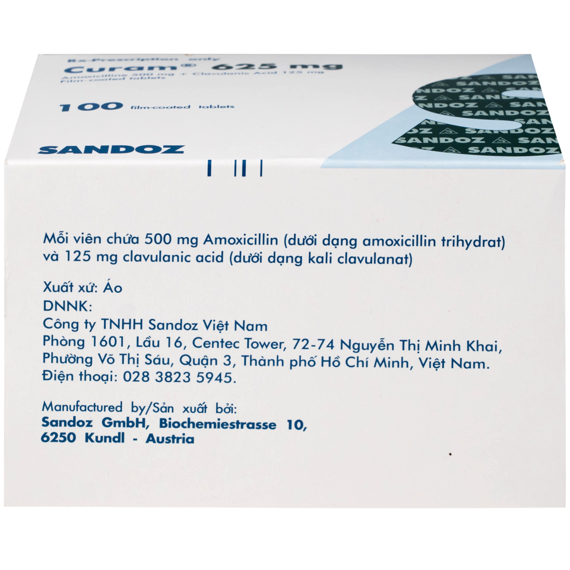 Hình ảnh Thuốc Curam 625mg Sandoz điều trị nhiễm khuẩn do các vi khuẩn nhạy cảm (25 vỉ x 4 viên)