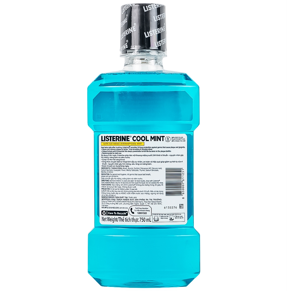 Hình ảnh Nước súc miệng Listerine Cool Mint bảo vệ khoang miệng suốt 24h khỏi vi khuẩn hôi miệng, mảng bám, viêm nướu (750ml)