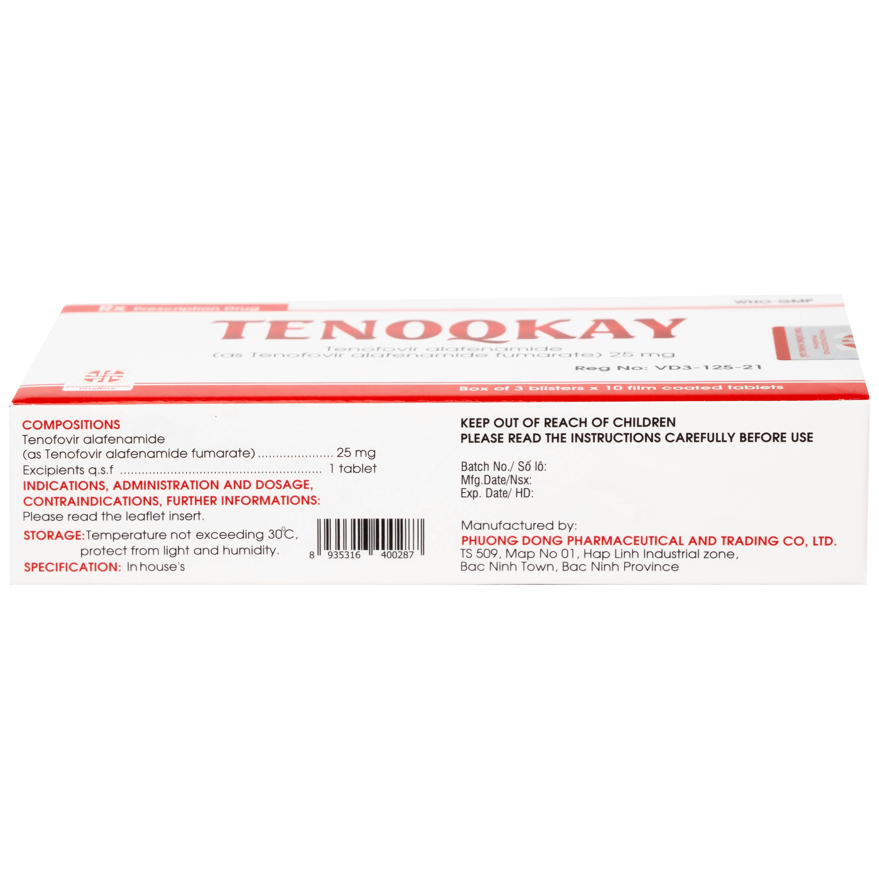 Hình ảnh Thuốc Tenoqkay 25mg Phương Đông điều trị bệnh viêm gan siêu vi B mạn tính (3 vỉ x 10 viên)