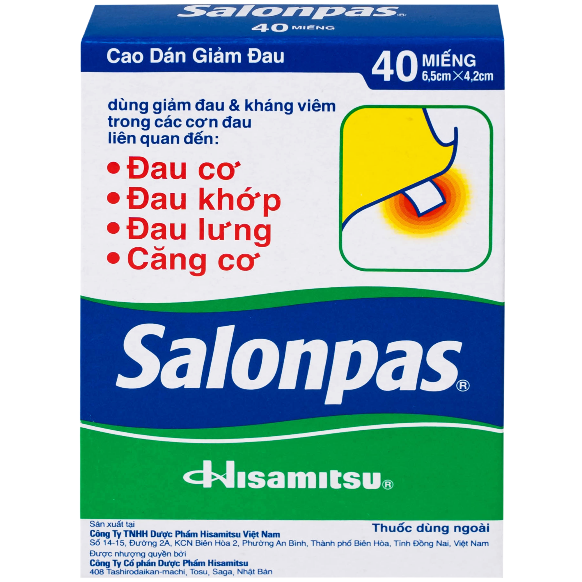 Hình ảnh Thuốc Salonpas 6.5cm x 4.2cm Hisamitsu hỗ trợ giảm đau, kháng viêm (5 hộp x 4 gói)