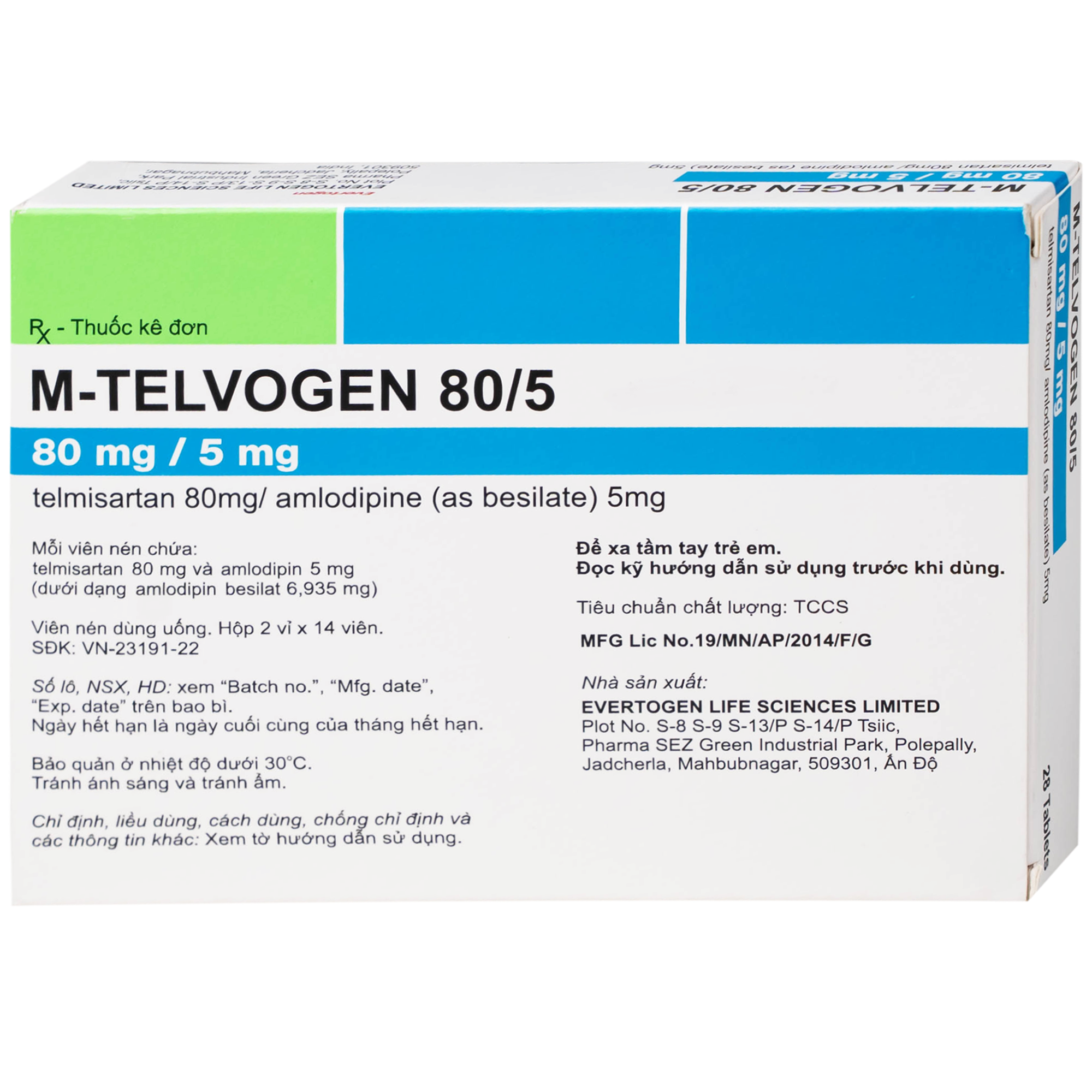 Hình ảnh Thuốc M-Telvogen 80/5mg Evertogen điều trị tăng huyết áp đơn độc hoặc kết hợp với thuốc khác (2 vỉ x 14 viên)