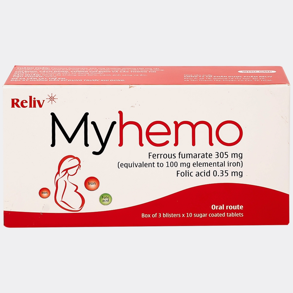 Hình ảnh Thuốc Myhemo 305mg Reliv dự phòng thiếu sắt và folic acid (3 vỉ x 10 viên)
