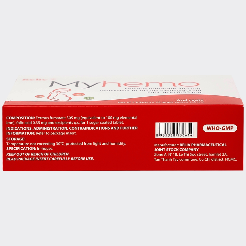 Hình ảnh Thuốc Myhemo 305mg Reliv dự phòng thiếu sắt và folic acid (3 vỉ x 10 viên)