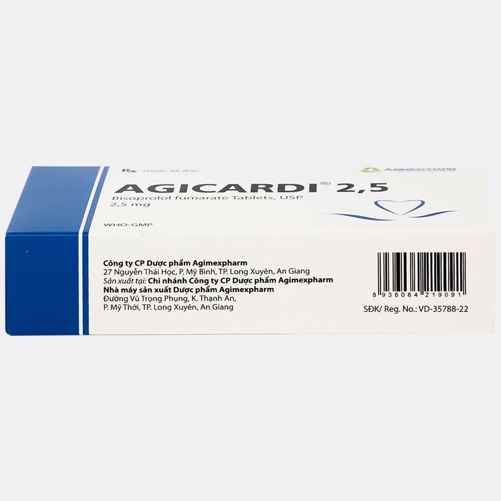 Hình ảnh Thuốc Agicardi 2,5 Agimexpharm điều trị tăng huyết áp, đau thắt ngực ổn định mạn tính (3 vỉ x 10 viên)