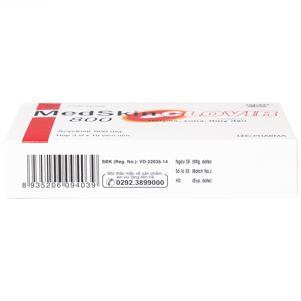 Hình ảnh Thuốc MedSkin Clovir 800 DHG điều trị nhiễm virus Herpes simplex, bệnh thủy đậu, viêm phổi do Zona (3 vỉ x 10 viên)