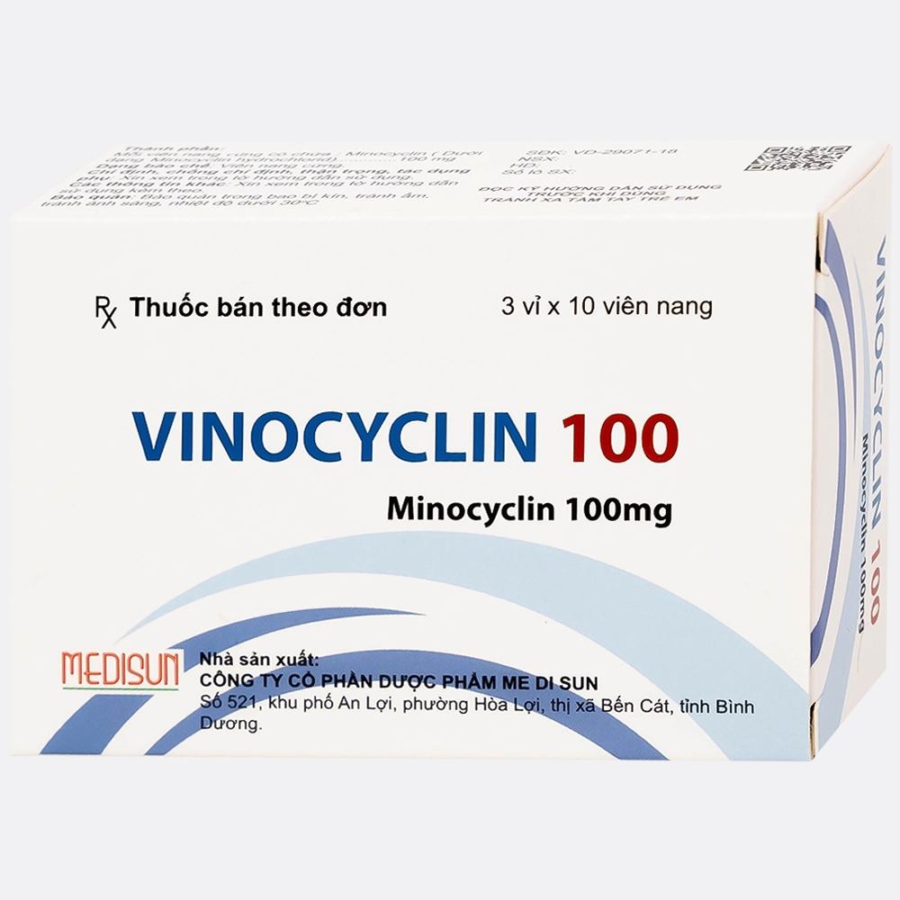 Hình ảnh Thuốc Vinocyclin 100 Medisun điều trị mụn trứng cá, nhiễm trùng đường hô hấp (3 vỉ x 10 viên)