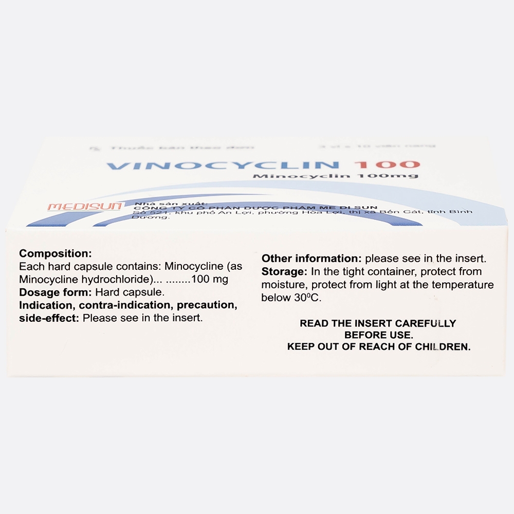 Hình ảnh Thuốc Vinocyclin 100 Medisun điều trị mụn trứng cá, nhiễm trùng đường hô hấp (3 vỉ x 10 viên)